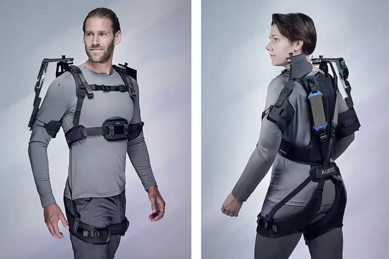 Auxivo OmniSuit passive multitask exoskeleton combining back and shoulder support for overhead and lifting tasks